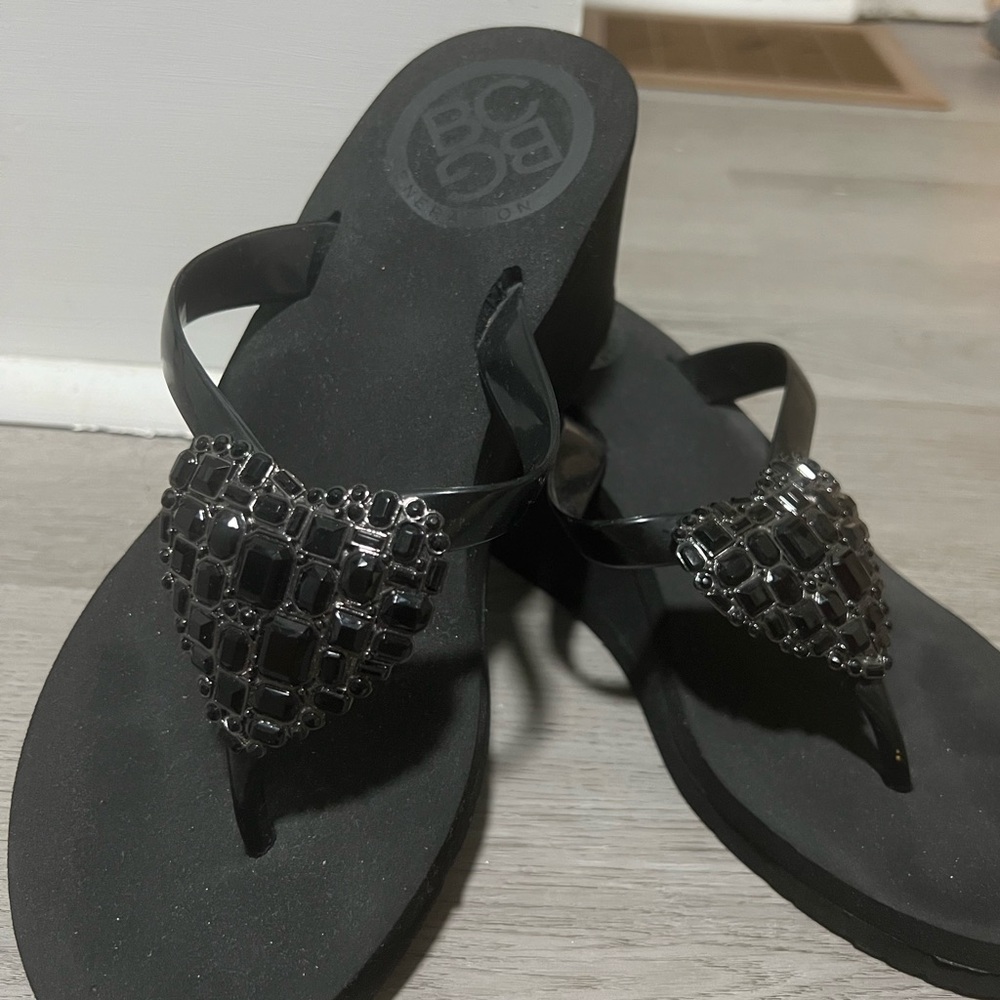 Black BCBG Jeweled Wedge Sandals